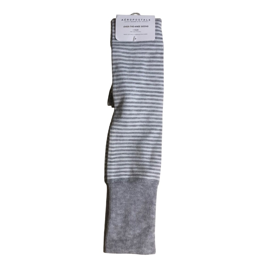 New Aeropostale Over-The-Knee Socks Grey White Striped Thigh High Knit Preppy